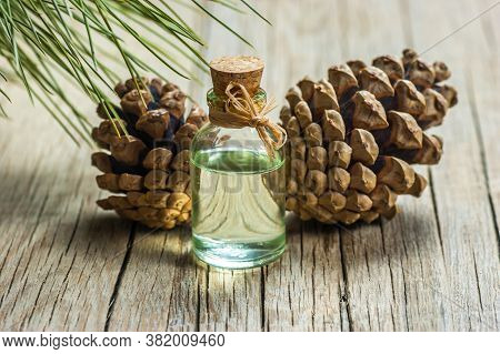 Pine Turpentine Essential Oil In Glass Bottle With Pine Coniferous Leaves And Pine Cone On Rustic Ta