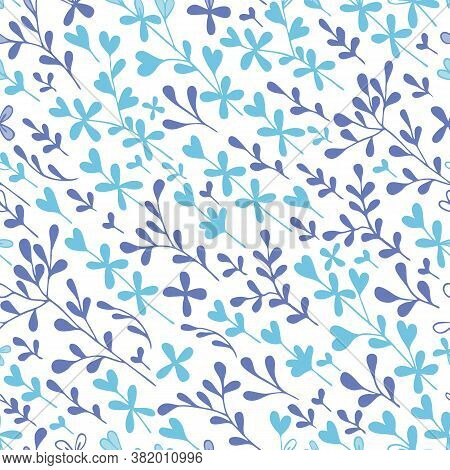 Vector Blue And Purple Simple Leaves Seamless Pattern Print Background.