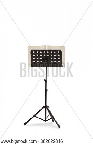Shot of a musical notebook on a tripod stand isolated on white background