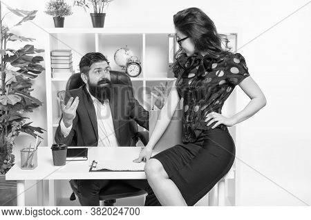 Corporate Secretary. Secretary Sit At Managers Desktop. Sexy Secretary And Director. Company Owner A