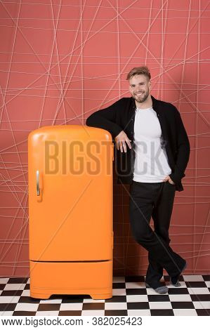 Bright Fridge Household Appliances Interior Object. Designer Adding Accent To Interior. Man Lean Ret
