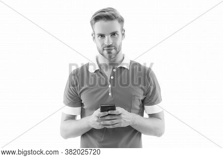 Modern Gadget. Modern Guy Hold Smartphone Isolated On White. Handsome Man Use Modern Mobile Phone. N