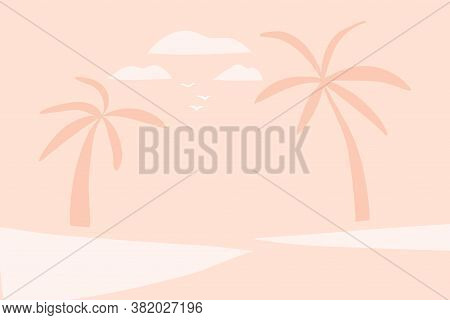 Hand Drawn Vector Abstract Stock Flat Graphic Illustration With Sundown View Scene On The Beach And 
