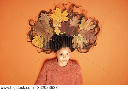 Haircare Tips Add To Fall Routine. Little Girl Gorgeous Long Hair And Fallen Maple Leaves. Deep Cond