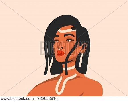 Hand Drawn Vector Abstract Stock Flat Graphic Illustration With Ethnic Tribal Beautiful Diverse Woma