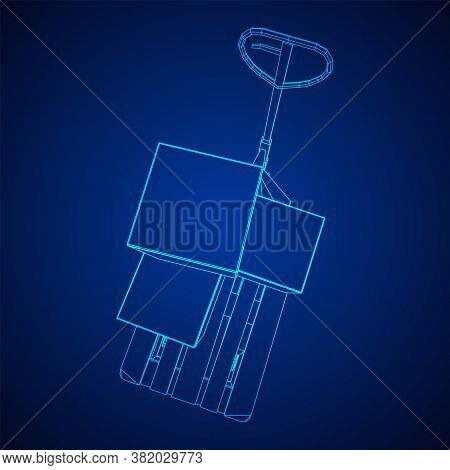 Hand Pallet Jack Lift With Pallet And Stacked Goods Cardboard Boxes. Manual Forklift. Logistics Ship