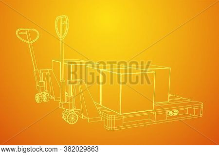 Hand Pallet Jack Lift With Pallet And Stacked Goods Cardboard Boxes. Manual Forklift. Logistics Ship
