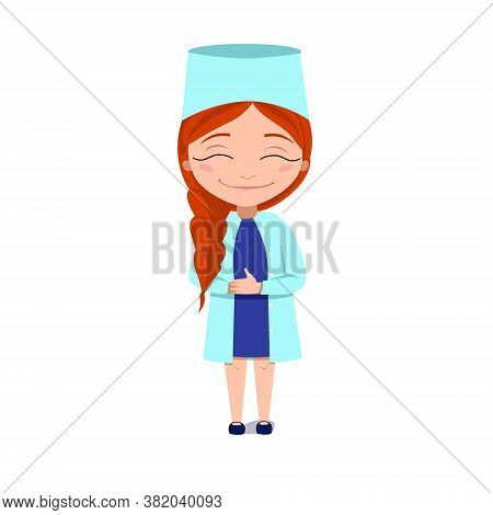A Happy Doctor In A Blue Lab Coat. The Red-haired Girl Smiles. Vector Illustration On A White Isolat