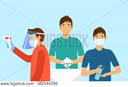 Covid-19 Coronavirus Prevention Concept Vector Illustration. Man Wearing Face Mask And Holding Digit