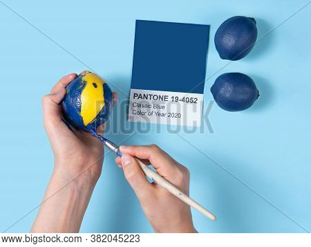 Lemon Is Repainted In The Color Of The Year, Blue Is The Classic Color. Concept: Following Fashion, 