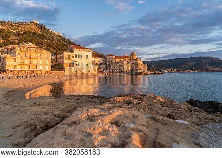 Scenic Beach Of Marina Piccola At Sunset In Santa Maria Di Castellabate, Cilento Coast, Campania, It