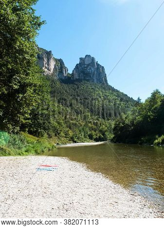 Panoramic View Of A River Mountain In France, Le Rozier. River Sur-tarn