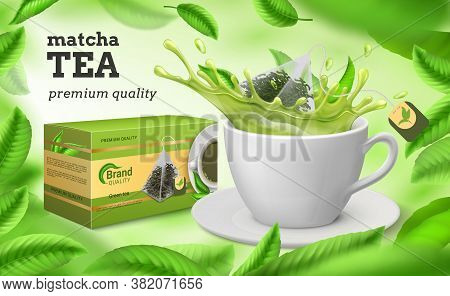 Tea Ad. Realistic Cup And Package Of Green And Dried Tea, Natural Herbal Drink Advertisement With Fl