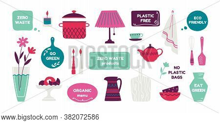 Zero Waste Products. Reusable Cutlery Food And Containers, Trendy Hand Drawn Ecology Banners With Qu