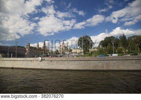 Moscow, Russia - August 21, 2020: Spasskaya Tower And Cathedral Of Vasily The Blessed Saint Basils C