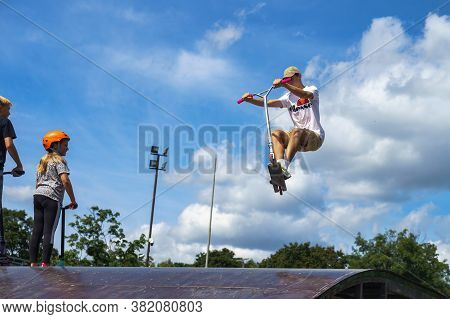 Stunt Scooters, Young People In A Skate Park, Scooter Sport, Freestyle Scootering, Russia, Kaliningr