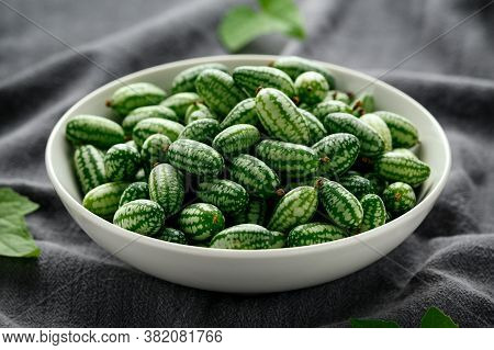 Freshly Picked Cucamelon In White Bowl. Vegetable Healthy Food