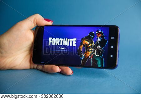 Tula, Russia - January 27, 2019 - Fortnite Video Game Screen With Character And Console Controller. 