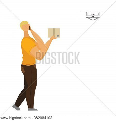 Man Talking Smartphone Picks Up The Parcel Delivered By The Drone. Drone Delievery Concept. Vector I