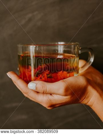 Tea Made From Marigold, Orange Calendula In Woman Hand