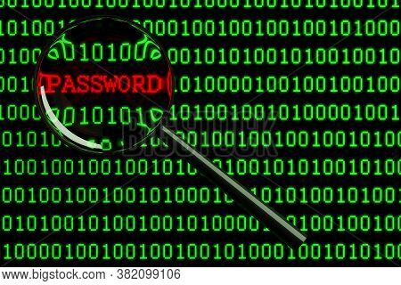 Magnifying Glass Or Loupe Enlarging The Word Password Embedded In Binary Code On Computer Screen, In