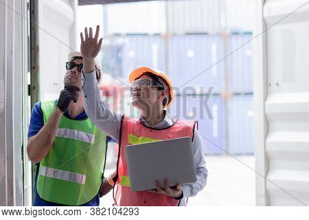 Working Audit Engineer Team In Shipping Harbor Port Checking Goods Cargo Container Strength Test For
