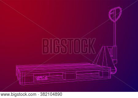 Hand Pallet Jack Lift. Manual Forklift With Cargo Pallet For Warehouse. Logistics Shipping Concept. 
