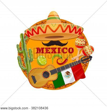 Mexico Vector Design With Mexican Sombrero Hat, Guitar And Maracas, Chilli Or Jalapeno Peppers, Cact