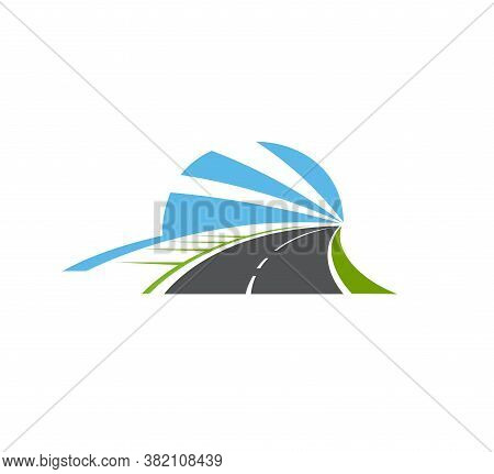 Highway, Road Isolated Vector Pathway Icon. Two Lane Curve Asphalt Speedway With Sidewalk, Green Fie