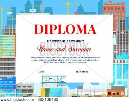 School Education Diploma With Building Houses, Vector Template With Cartoon Urban Architecture Build