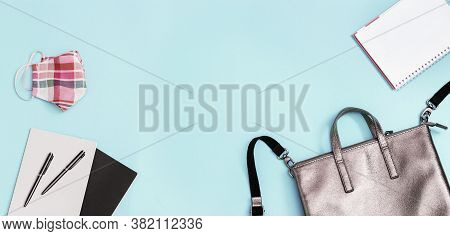 Banner Wirt Grey Leather Backpack With School Supplies, Face Mask, Copybooks, Pens On Paper Backgrou