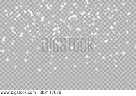 Vector Falling Snow Overlay. Realistic Shining Snowfall Background For Christmas Banner Of Winter Co
