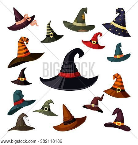 Witch Hats Colored Set. Wizard And Magicians Caps Masquerade Elements Halloween Traditional Fantasy 