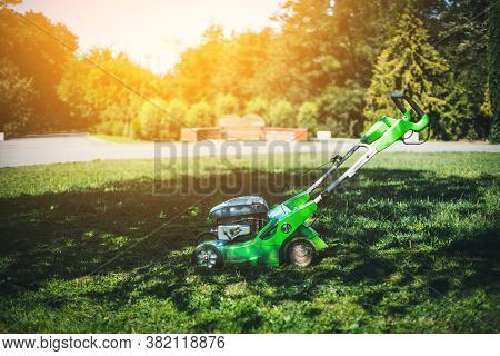 Professional Lawn Mower On The Grass. Cleaning And Caring For The Vegetable Garden, Garden And Park 