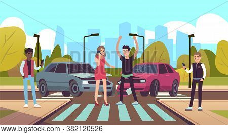 Car Accident. Damaged Vehicle On Crossway, Auto Crash On Crossroad Cars Collision On Road, Male Char