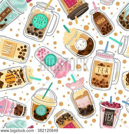 Bubble Tea Seamless Pattern. Taiwanese Boba With Tapioca Balls, Pearl Milk Tea, Asian Popular Cold D