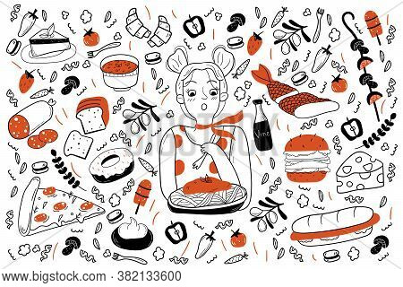 Food Doodle Set. Collection Of Hand Drawn Sketches Templates Of Various Different Kind Of Meal. Meat