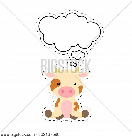 Cute Cartoon Cow With Speech Bubble Sticker. Kawaii Character On White Background. Cartoon Sitting A
