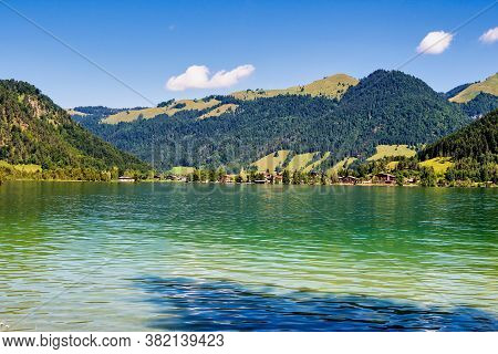 Lake Walchsee Near Koessen At The Wilder And Zahmer Kaiser In Tirol, Austria.
