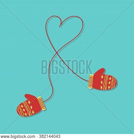 Red Mittens With Yellow Ornament, Hand-drawn On A Red Rope Folded In The Shape Of A Heart On A Cyan 