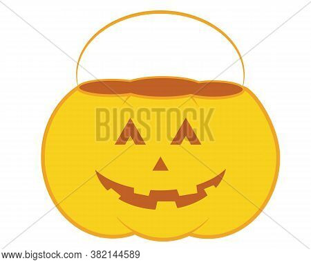 Pumpkin Trick Or Treat Bucket Sticker. Jack O Lantern Pot For Sweets, Candies. Hand Drawn Graphic El