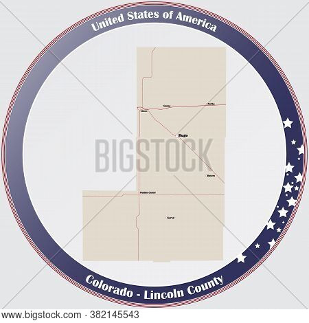 Round Button With Detailed Map Of Lincoln County In Colorado, Usa.