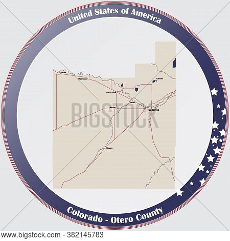 Round Button With Detailed Map Of Otero County In Colorado, Usa.