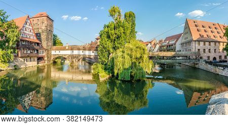 Panoramic View At The Tower With Henker Bridge Over Pegnitz River In Nuremberg - Germany