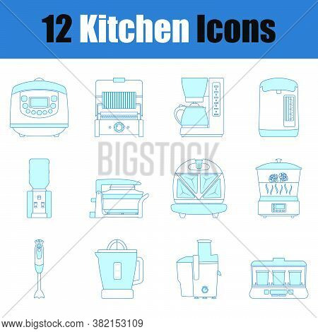 Kitchen Icon Set. Thin Line With Blue Fill Design. Vector Illustration.