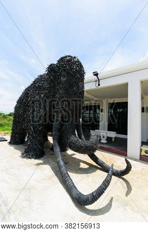 Nakhonpathom , Thailand -  6  August, 2020 : Big Mammoth Model Recycle Made From Old Car Tire In  Ca