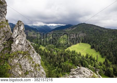 Rocky Landscape In The Mountains. Travel Adventure Hikking Scenery In The Summer. Greeen Valley With