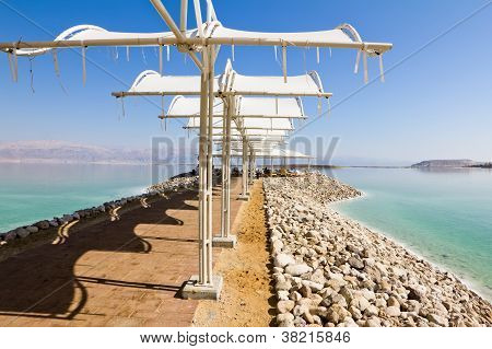 Canopies อาบแดดบนชายหาดของทะเลเดดซีในอิสราเอล