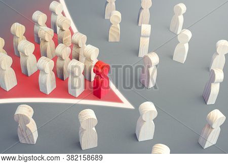 Arrow Formation Of Leader With Followers Breaks Through The Crowd. Breaking New Ground. Reform Movem