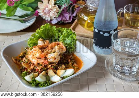 Delicious Homemade Thai Winged Bean Salad Or Sour And Spicy Thai Herb Salad With Shrimp And Boiled E